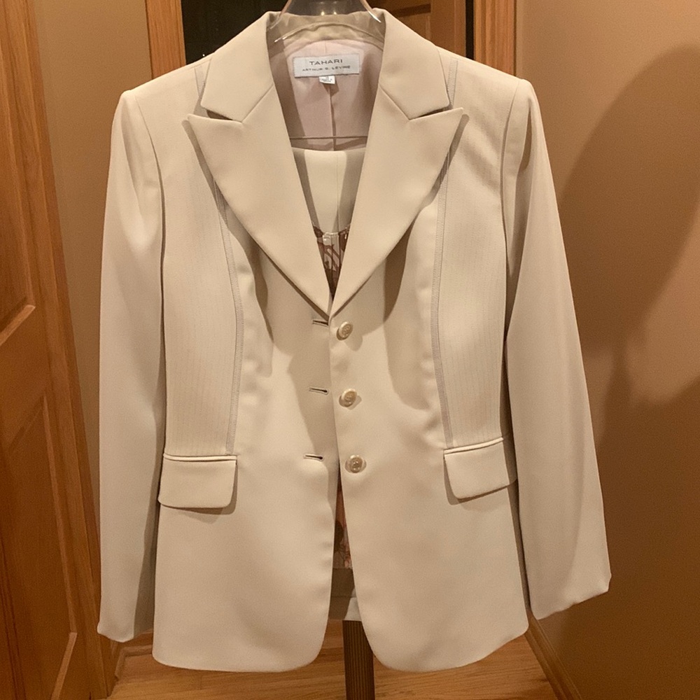 TAHARI, tan, women’s pantsuit.